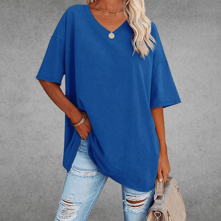 Comfortabel oversized dames V-hals T-shirt, perfect voor casual lente/zomer dagen. Modieuze relaxte pasvorm.
