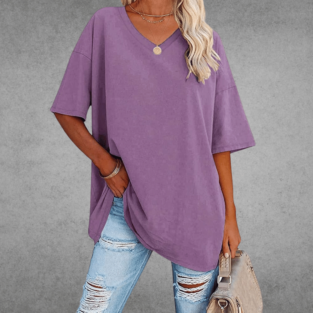 Zacht oversized dames V-hals T-shirt, ideaal voor casual comfort in lente en zomer. Modieus en relaxte pasvorm.