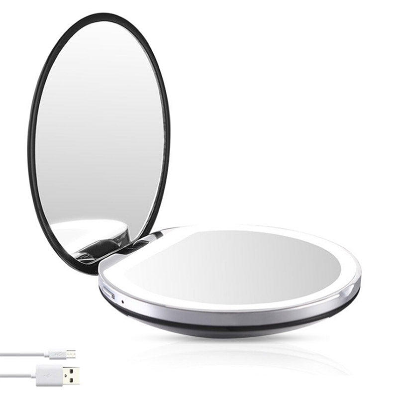 Elegante zwarte compacte LED schoonheidsspiegel, oplaadbaar en ideaal voor reizen.