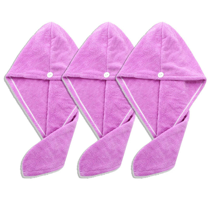 Complete set sneldrogende haarhanddoeken in rood, paars, lichtblauw; ideaal voor dames en haarverzorging.