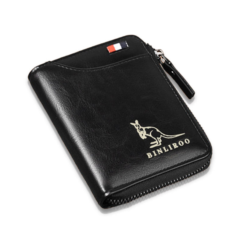 Compacte leren herenportemonnee met RFID bescherming, perfect voor pasjes, geld en identiteitsbewijs.