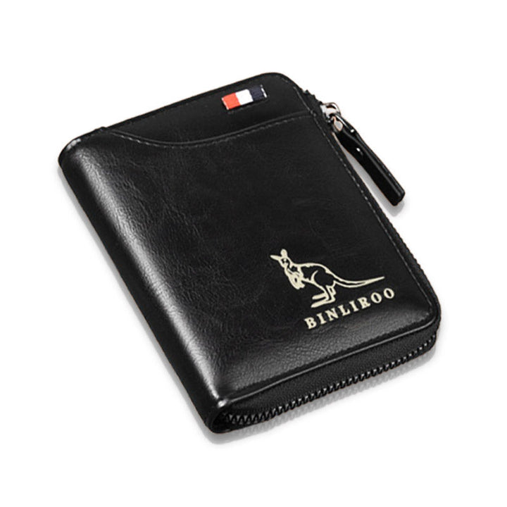 Compacte leren herenportemonnee met RFID bescherming, perfect voor pasjes, geld en identiteitsbewijs.