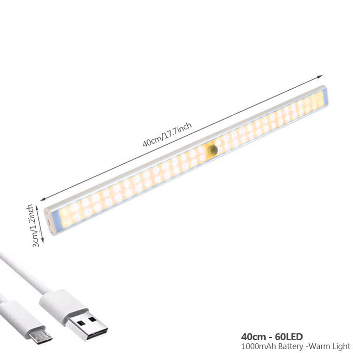 Minimalistisch oplaadbaar LED licht met bewegingssensor, discreet en efficiënt.