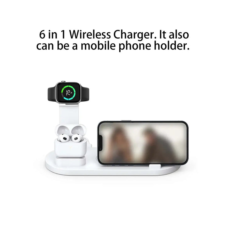 Zijaanzicht zwart draadloos oplaadstation met iPhone, Apple Watch en AirPods. Handige bureau dock.