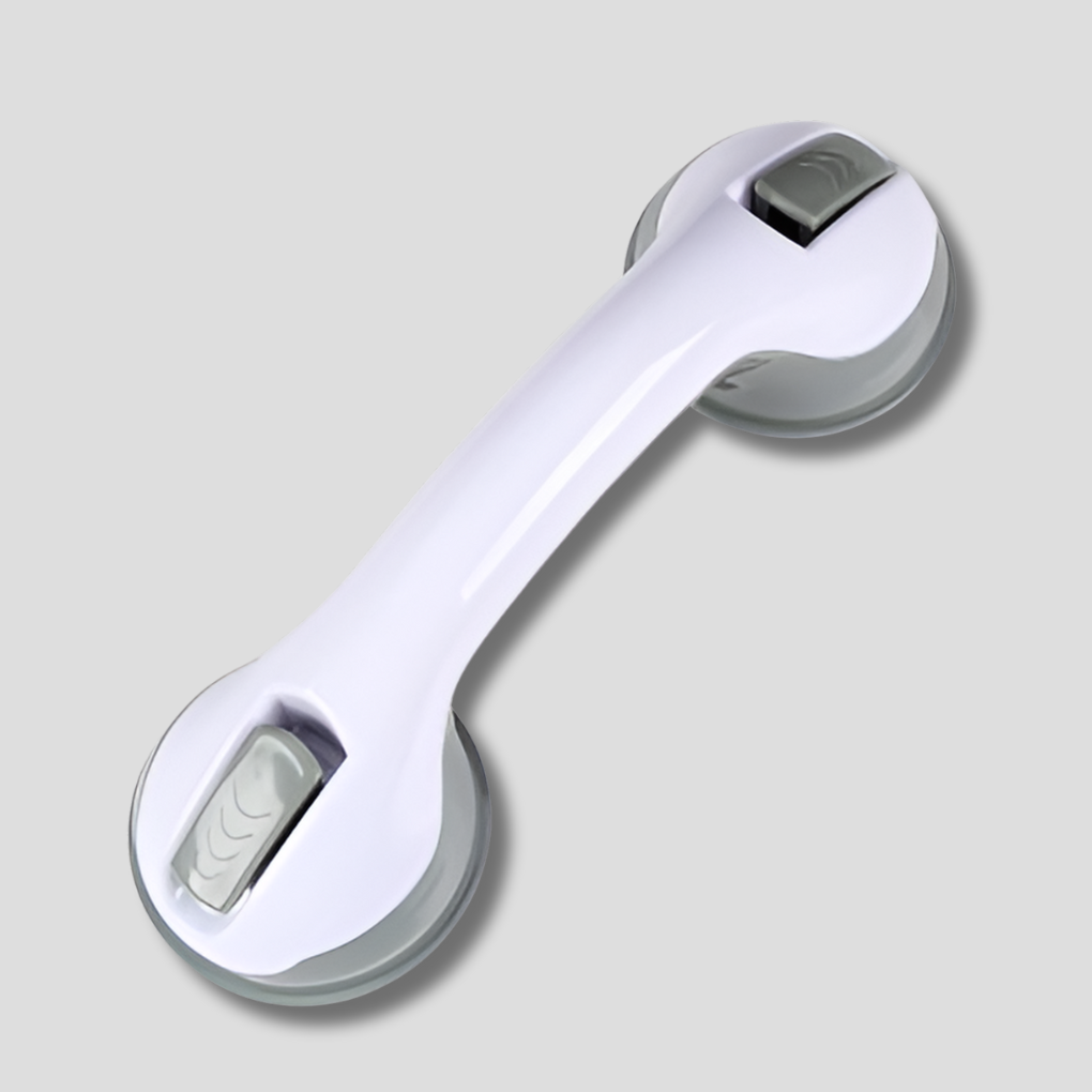 Witte badkamer veiligheidsgreep met zuignappen voor extra houvast en ondersteuning. Ideaal voor senioren en mobiliteit, antislip.
