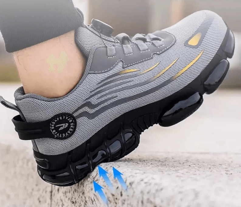 Grijze/zwarte veiligheidsschoenen heren met draaisluiting, lichtgewicht, antislip en comfortabel voor lange werkdagen.