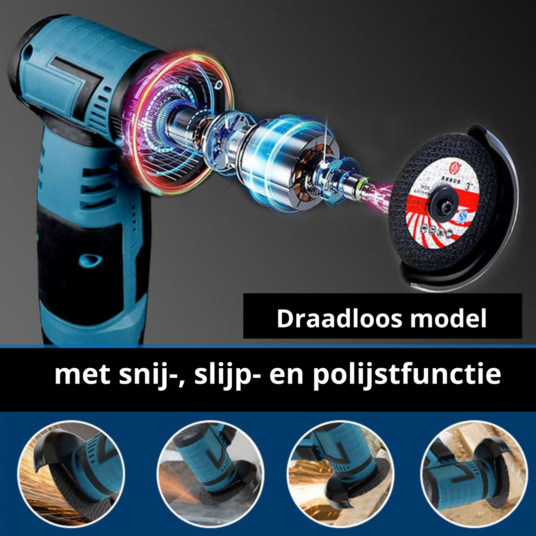 Complete set: draadloze slijptol met accu en slijpschijf, essentieel elektrisch gereedschap voor elke klus.
