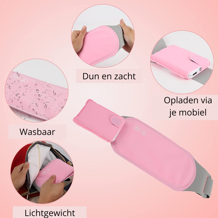 Stijlvolle elektrische buikverwarmer voor dames; biedt gerichte warmte en massage bij pijn.