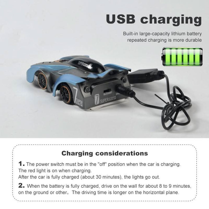Afstandsbediening RC auto wandklimmer met LED-verlichting. Maakt 360° flips, uren speelplezier.