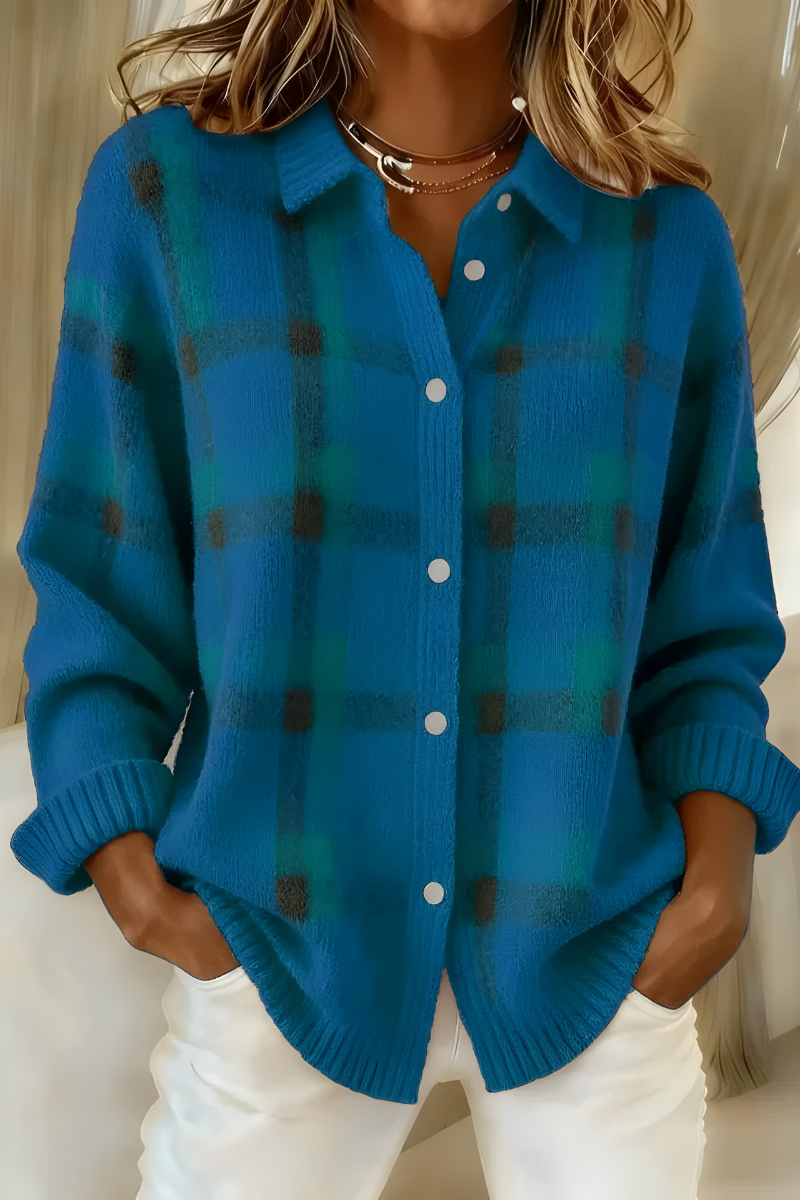 Blauw geruit dames vest in retro stijl, comfortabel en modieus voor casual outfits.