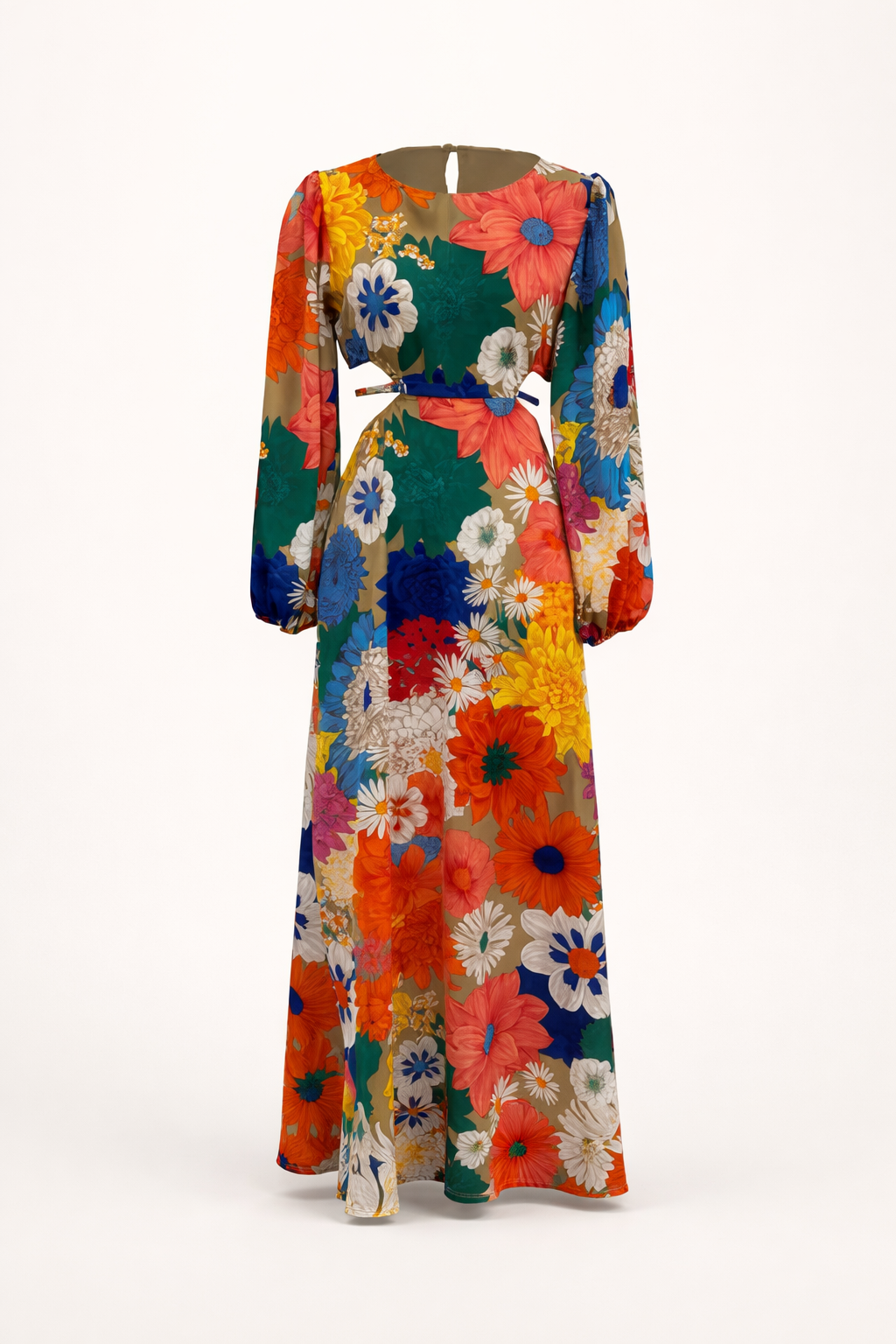 Chique dames maxi-jurk met all-over bloemenprint. De pofmouwen geven deze elegante jurk een unieke look.