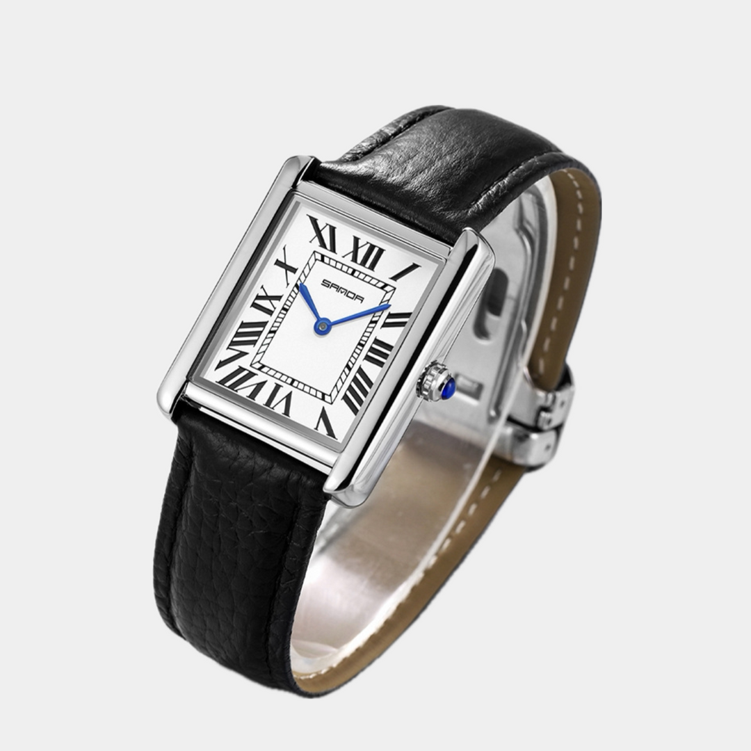 Elegant vierkant herenhorloge met leren band en Romeinse cijfers; een klassiek analoog polshorloge voor mannen.