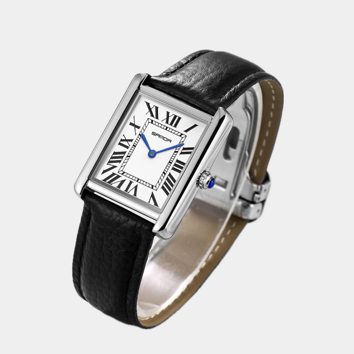 Elegant vierkant herenhorloge met leren band en Romeinse cijfers; een klassiek analoog polshorloge voor mannen.