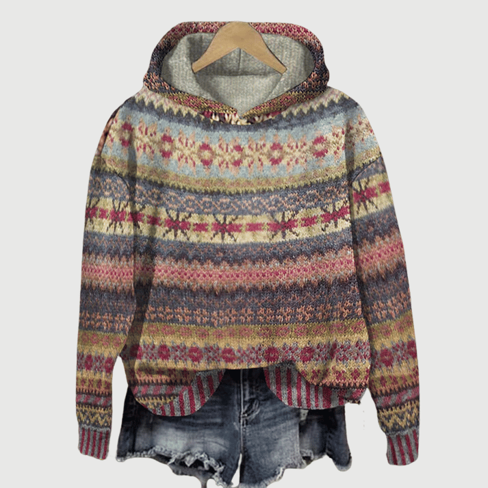 Gezellige dameshoodie met Noors patroon. Comfortabele, warme trui, ideaal voor koude winterdagen.