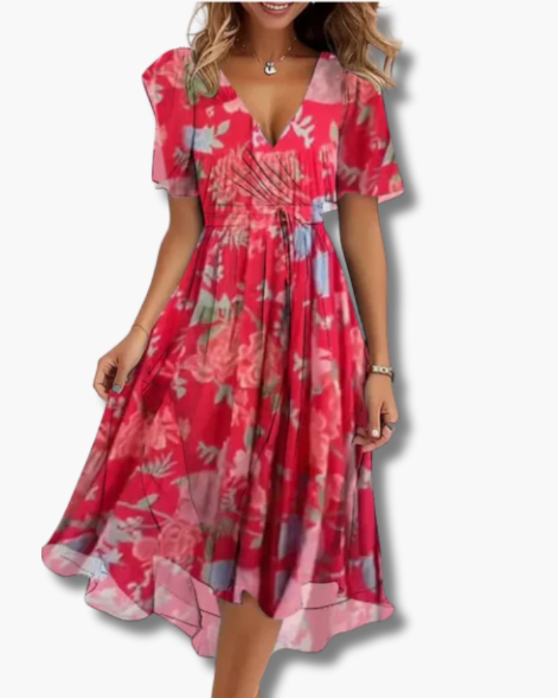 Comfortabele losvallende dames zomerjurk met vrolijke bloemenprint en v-hals, ideaal voor een casual look.
