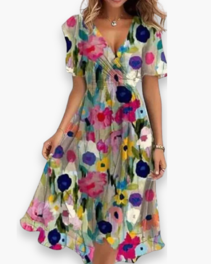 Stijlvolle damesjurk met bloemenprint, v-hals en losse pasvorm. Een comfortabele en elegante zomerjurk.
