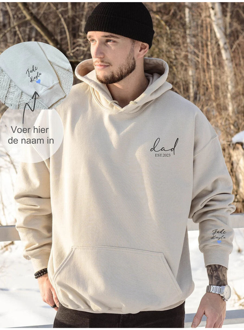 Gepersonaliseerde DadHug hoodie voor unisex; ideaal vaderdag cadeau met naam, comfortabel en uniek.