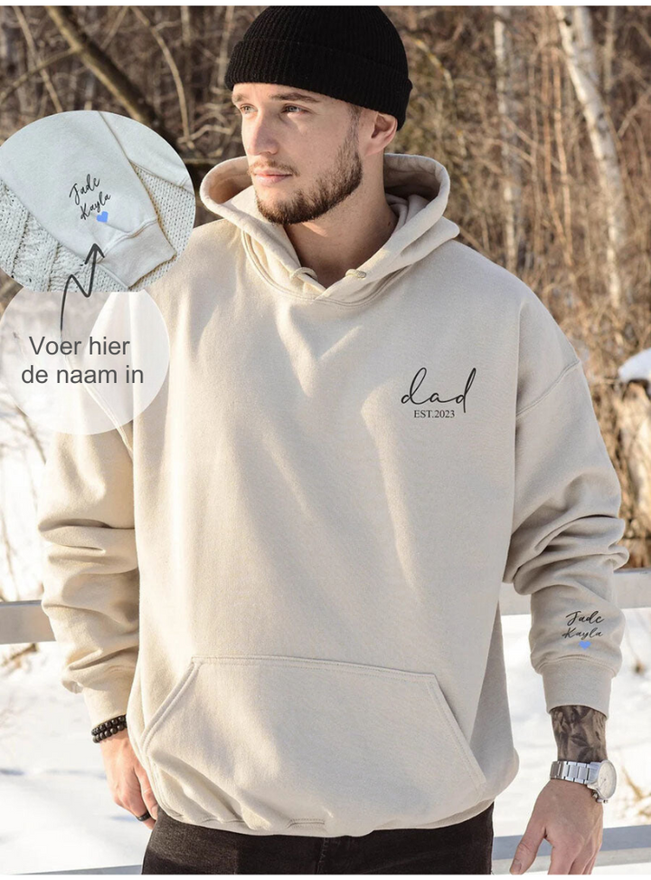 Gepersonaliseerde DadHug hoodie voor unisex; ideaal vaderdag cadeau met naam, comfortabel en uniek.