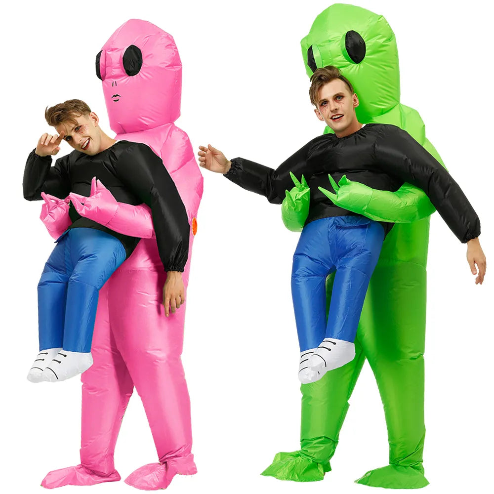 Opblaasbaar groen alien kostuum voor volwassenen en kinderen, ideaal voor Halloween, carnaval of themafeesten.