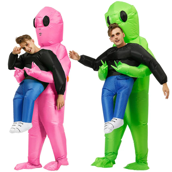 Opblaasbaar groen alien kostuum voor volwassenen en kinderen, ideaal voor Halloween, carnaval of themafeesten.