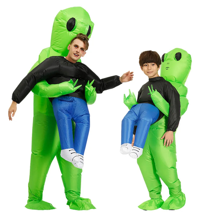 Grappig opblaasbaar alien kostuum voor cosplay of themafeestjes; unisex verkleedpak voor kinderen en volwassenen.