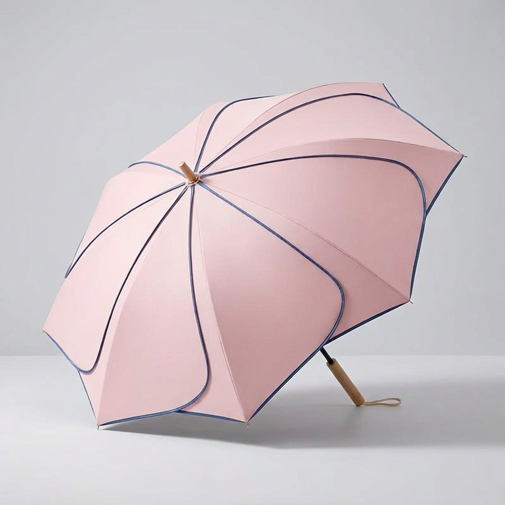 Damesparaplu WC2026 met elegant bloemmotief en ergonomische houten handgreep, voor zon- en regenbescherming.