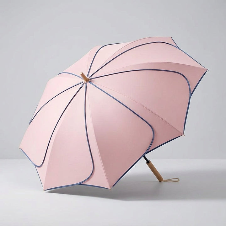 Damesparaplu WC2026 met elegant bloemmotief en ergonomische houten handgreep, voor zon- en regenbescherming.