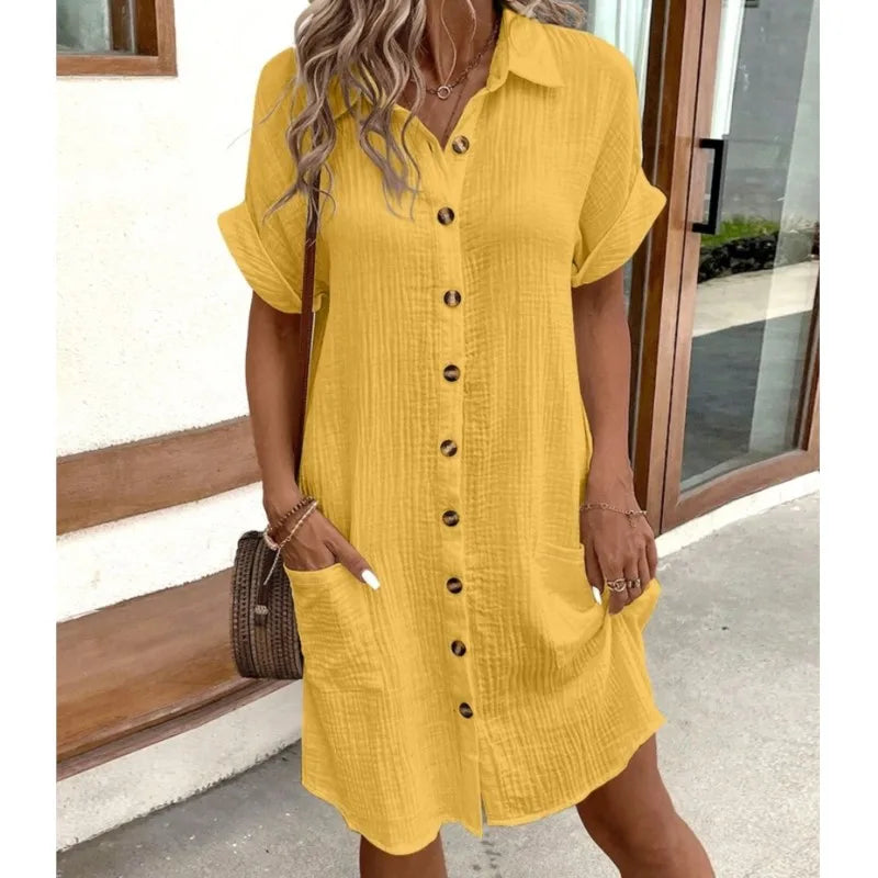 Modieuze dames mini zomerjurk met kraagje, beschikbaar in vele kleuren, ideaal voor de zomer.
