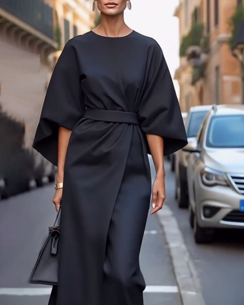 Trendy elegante midi jurk voor dames met riem en driekwart mouwen. Geschikt als feestjurk, zomerjurk of voor kantoor.