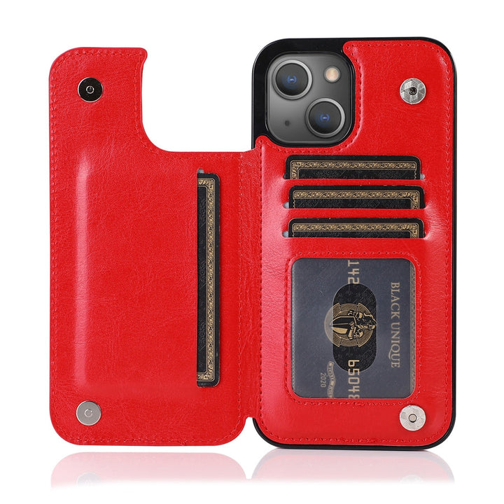 Mooie leren telefoonhoes voor iPhone. Met 3 kaartvakken en een magnetische sluiting.