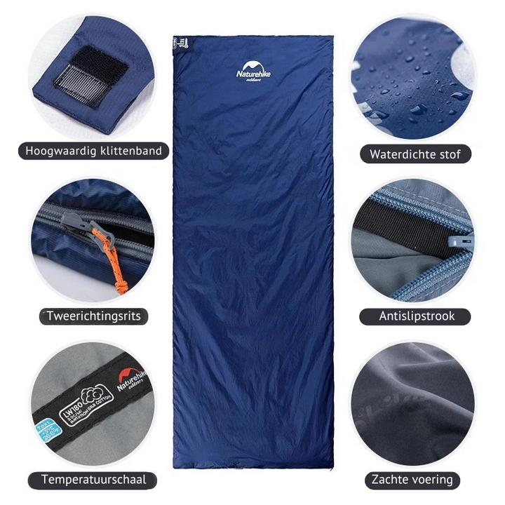 Compacte slaapzak in outdoor setting, perfect voor wandelen, kamperen en reizen. Groen, lichtgewicht en ademend.