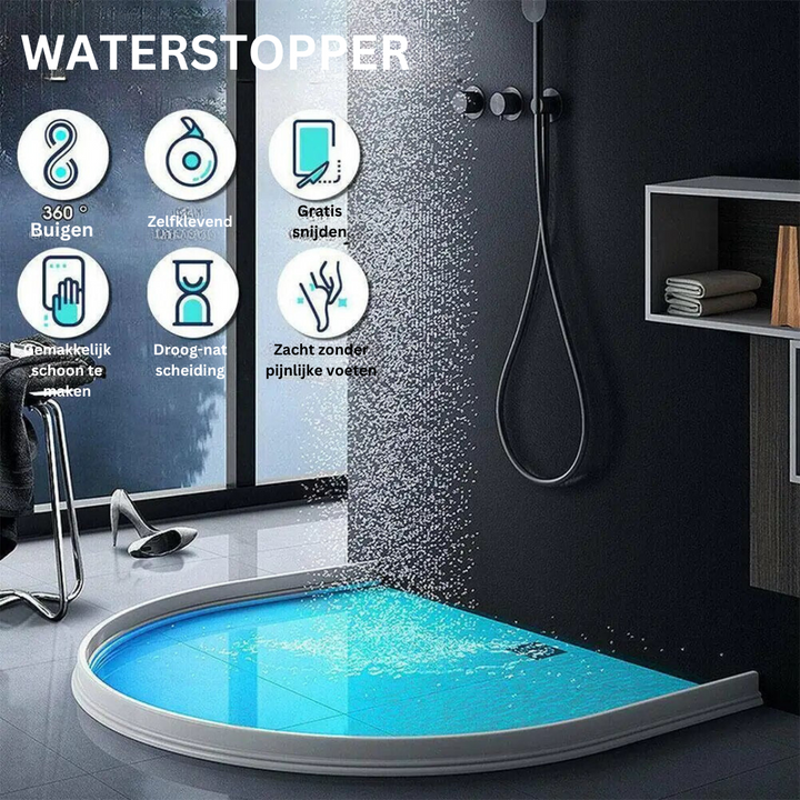Zelfklevende Akua WaterStopper douchebarrière, de ideale oplossing om uw badkamer na het douchen droog te houden.