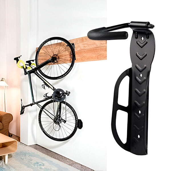 Wand fietshouder voor ruimtebesparing, ideaal als modern opbergsysteem voor garage of huis.