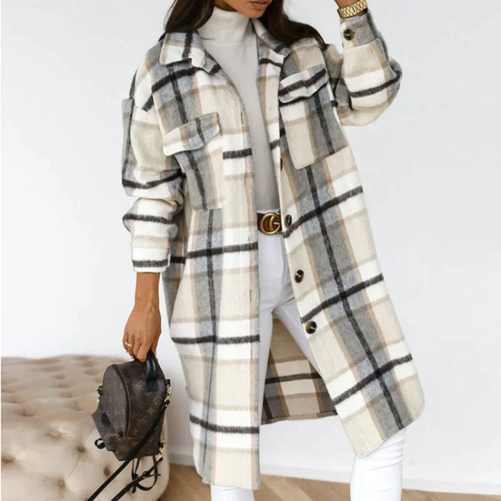 Trendy lange geruite jas voor dames. Ideale overjas, zowel warm als stijlvol.
