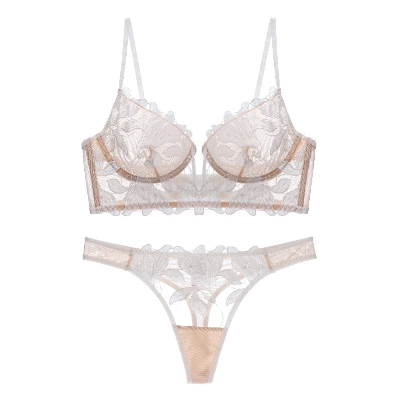 Elegante dames kantenset met Frans kant, push-up bh en sexy panty. Perfect voor een verleidelijke look.