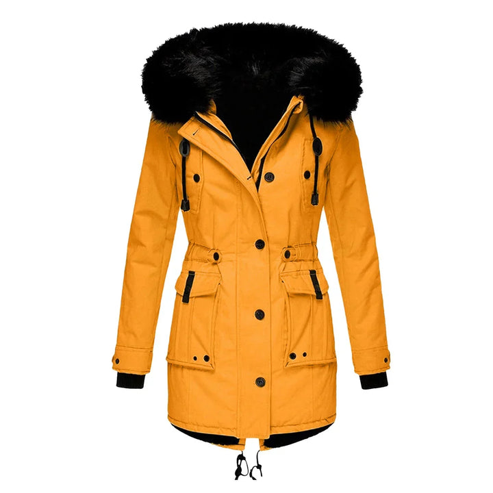Hoogwaardige lange dames winterjas met capuchon. Warme, gewatteerde buitenjas, ideaal voor winterse dagen.