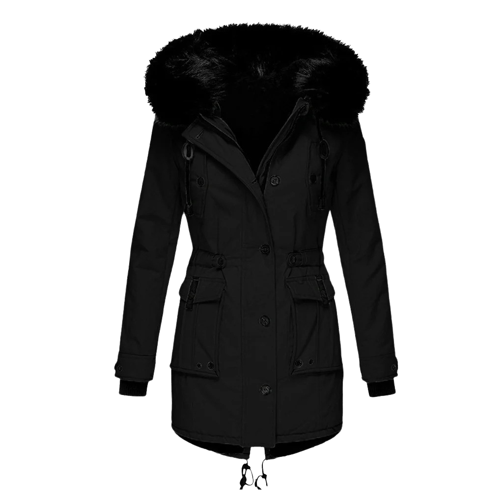 Dames warme winterjas met capuchon, lange pasvorm. Stijlvolle gewatteerde buitenjas voor comfort in de winter.