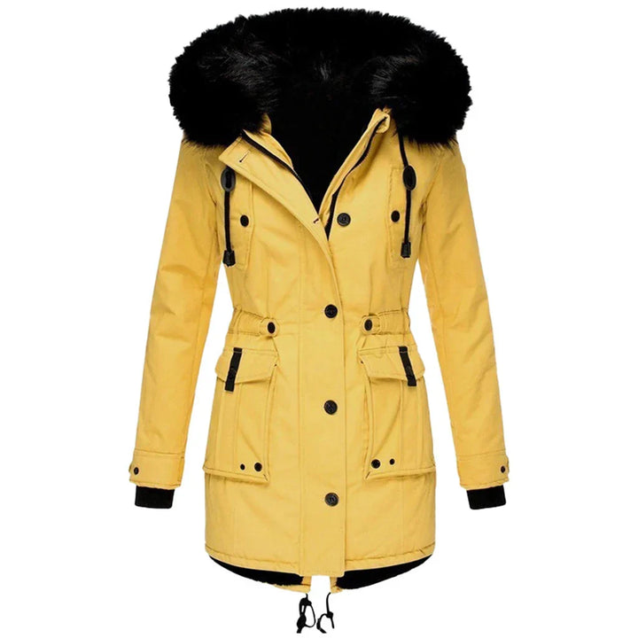 Warme dames winterjas met comfortabele capuchon en lange pasvorm. Modieuze buitenjas voor de winter.