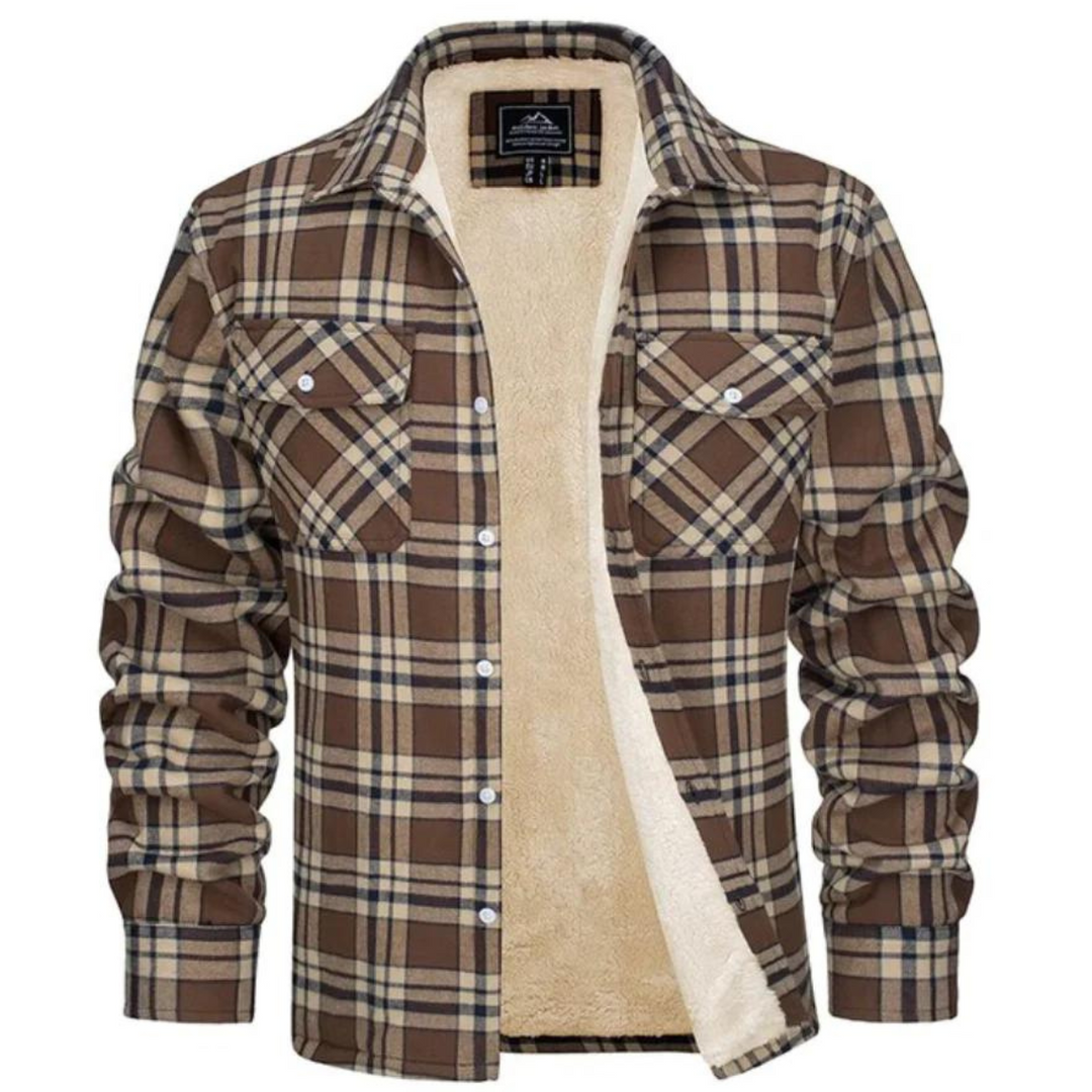Warme geruite herenjas met pluche voering, perfect voor koud weer en comfortabele wintermode.
