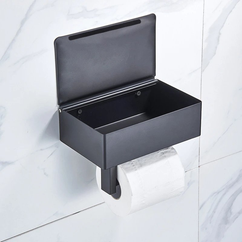 Moderne zilveren toiletpapierhouder met opbergplank, perfect als wc-accessoire en badkamer organizer.