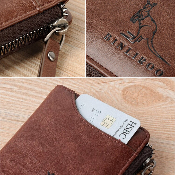 Herenportemonnee van leer, khaki kleur, RFID-proof, met vakken voor pasjes, biljetten en muntgeld.