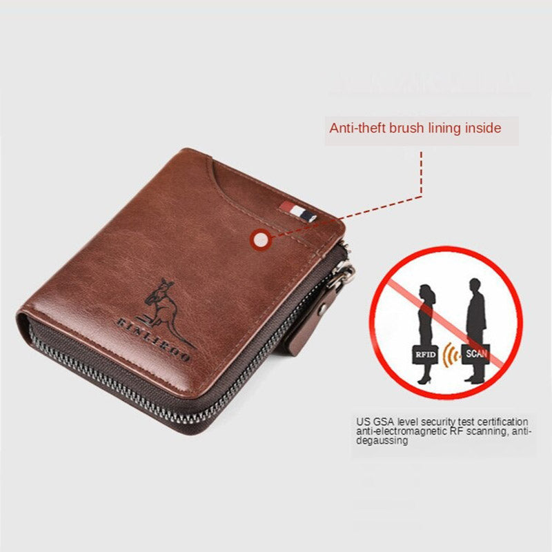 Heren leren portemonnee met RFID bescherming, bruin, compact en ruime vakken voor kaarten en geld.