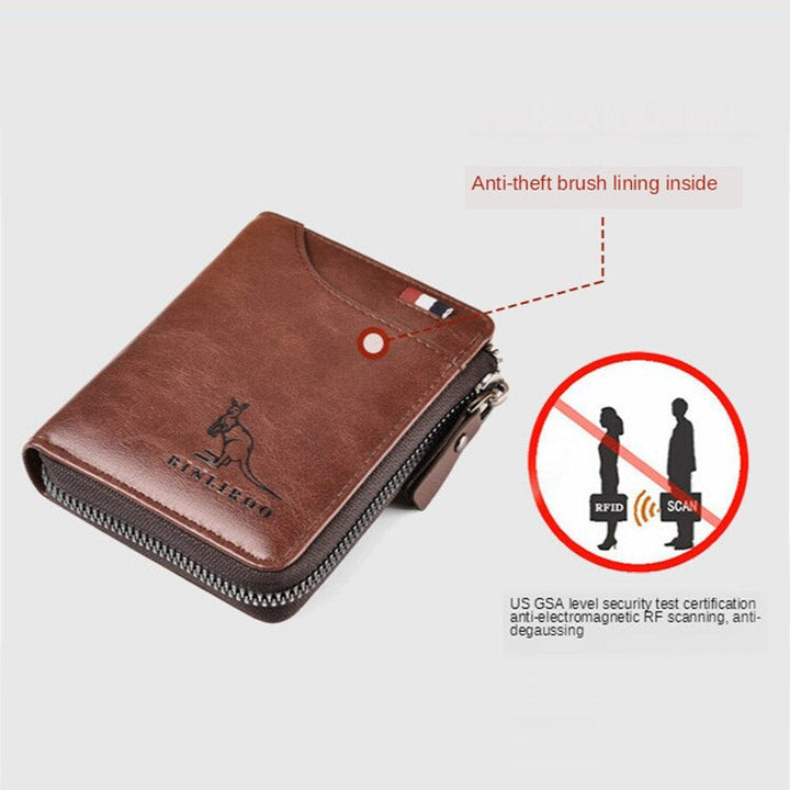 Heren leren portemonnee met RFID bescherming, bruin, compact en ruime vakken voor kaarten en geld.