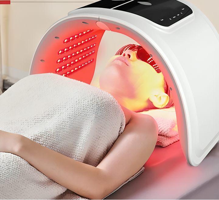 7-kleuren LED lichttherapieapparaat voor geavanceerde huidverjonging en anti-aging thuisgebruik.