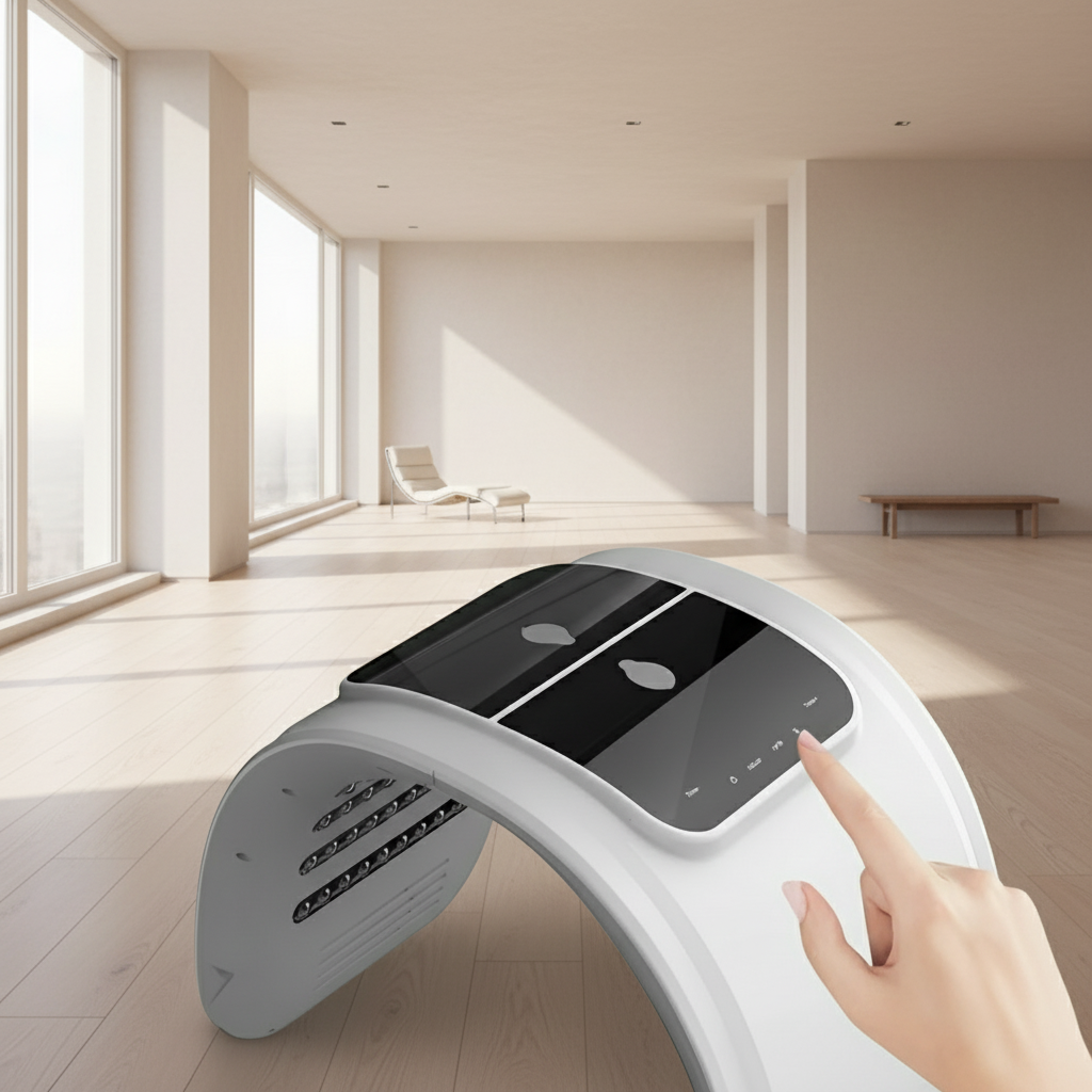 Compact 7-kleuren LED lichttherapieapparaat voor eenvoudige thuisbehandeling tegen huidveroudering.