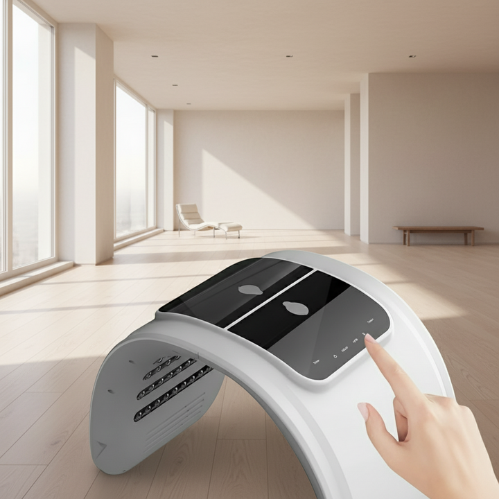 Compact 7-kleuren LED lichttherapieapparaat voor eenvoudige thuisbehandeling tegen huidveroudering.