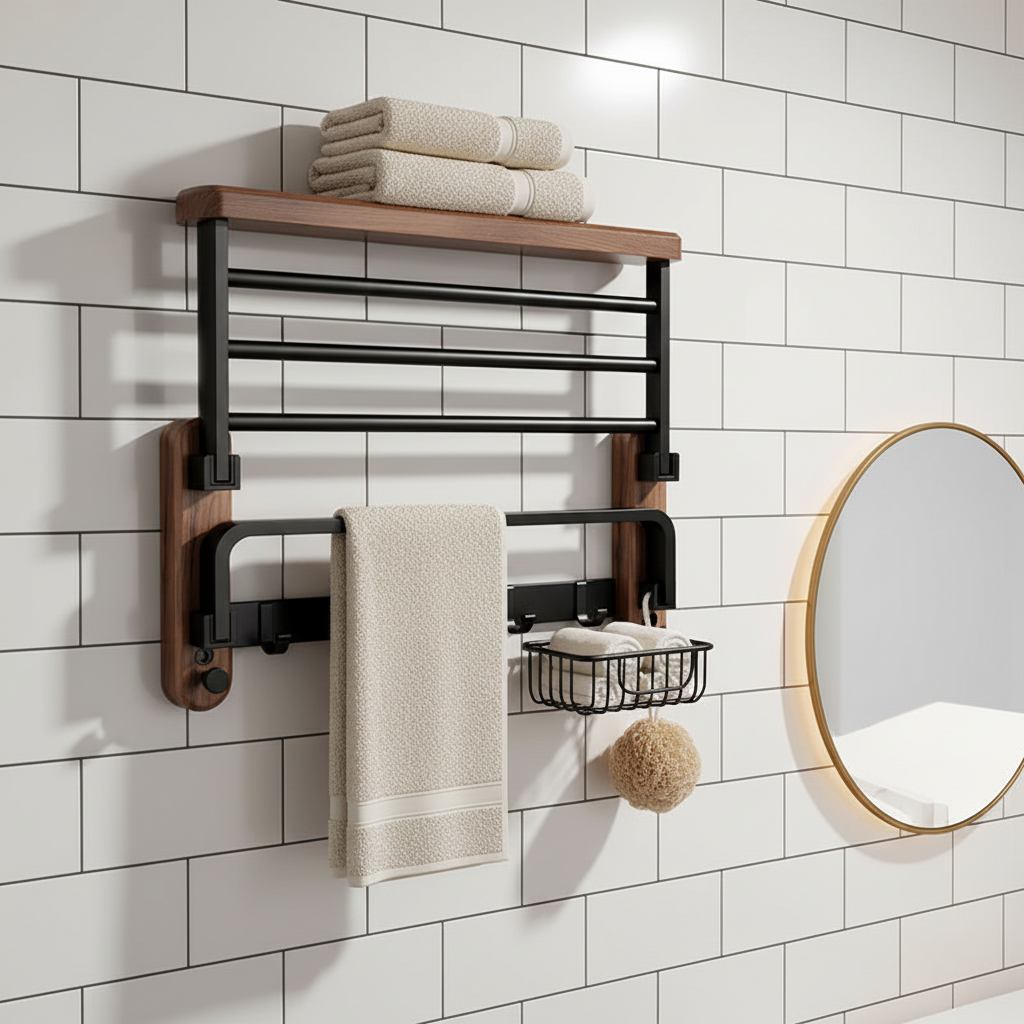 Wandgemonteerd handdoekrek van notenhout en aluminium voor de badkamer. Modern en ruimtebesparend design.