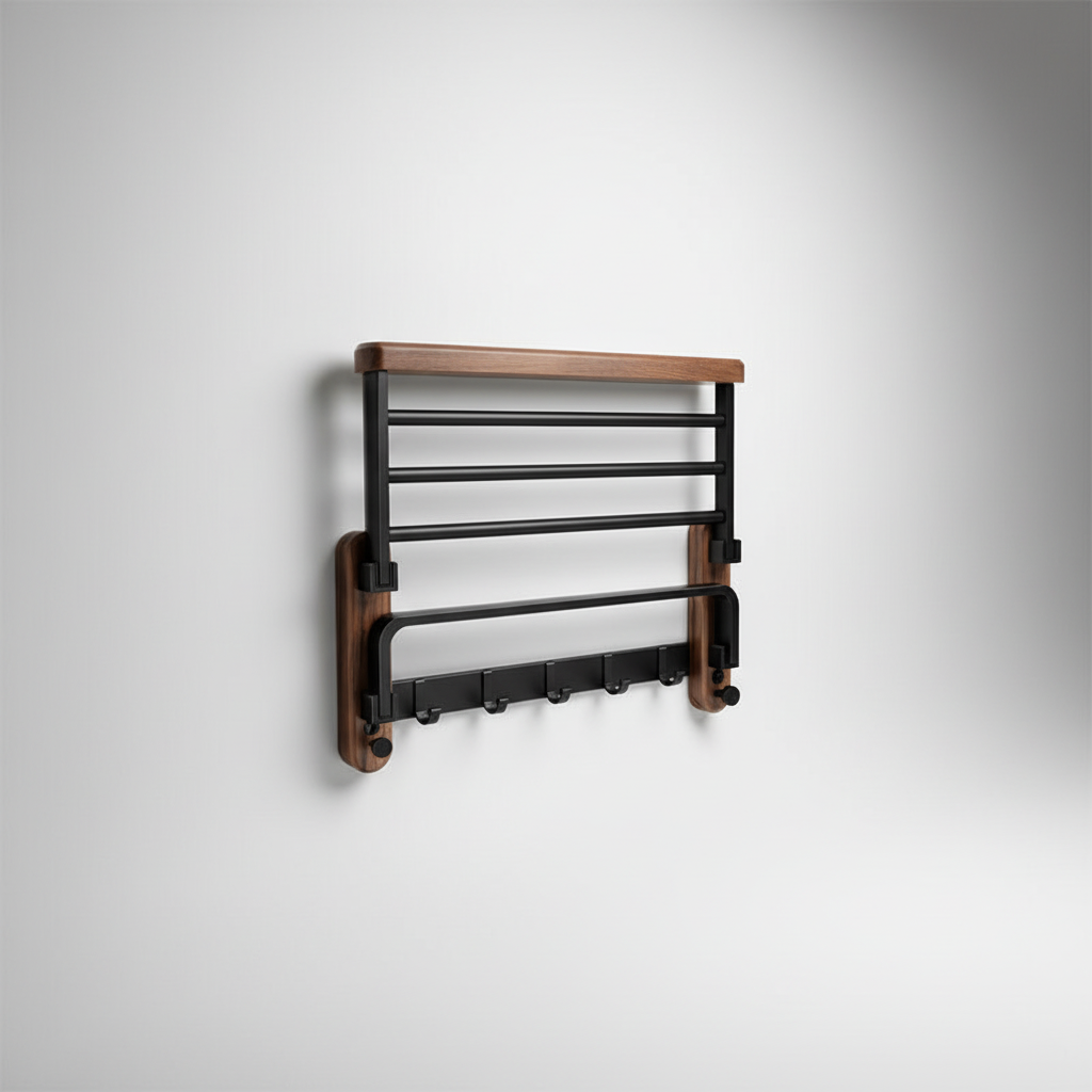 Modern minimalistisch houten handdoekrek voor wandmontage. Perfecte badkamer organisatie en opbergoplossing.
