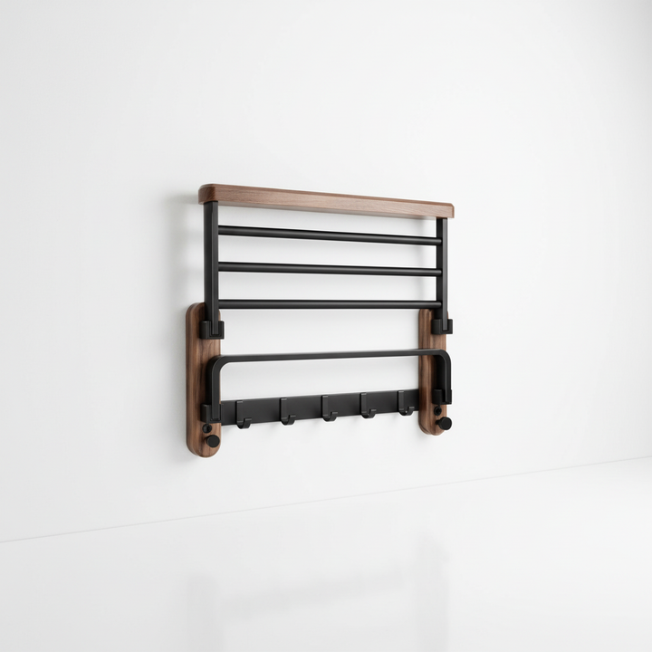 Wandgemonteerd houten handdoekrek (notenhout) voor de badkamer. Ruimtebesparend en modern minimalistisch design.