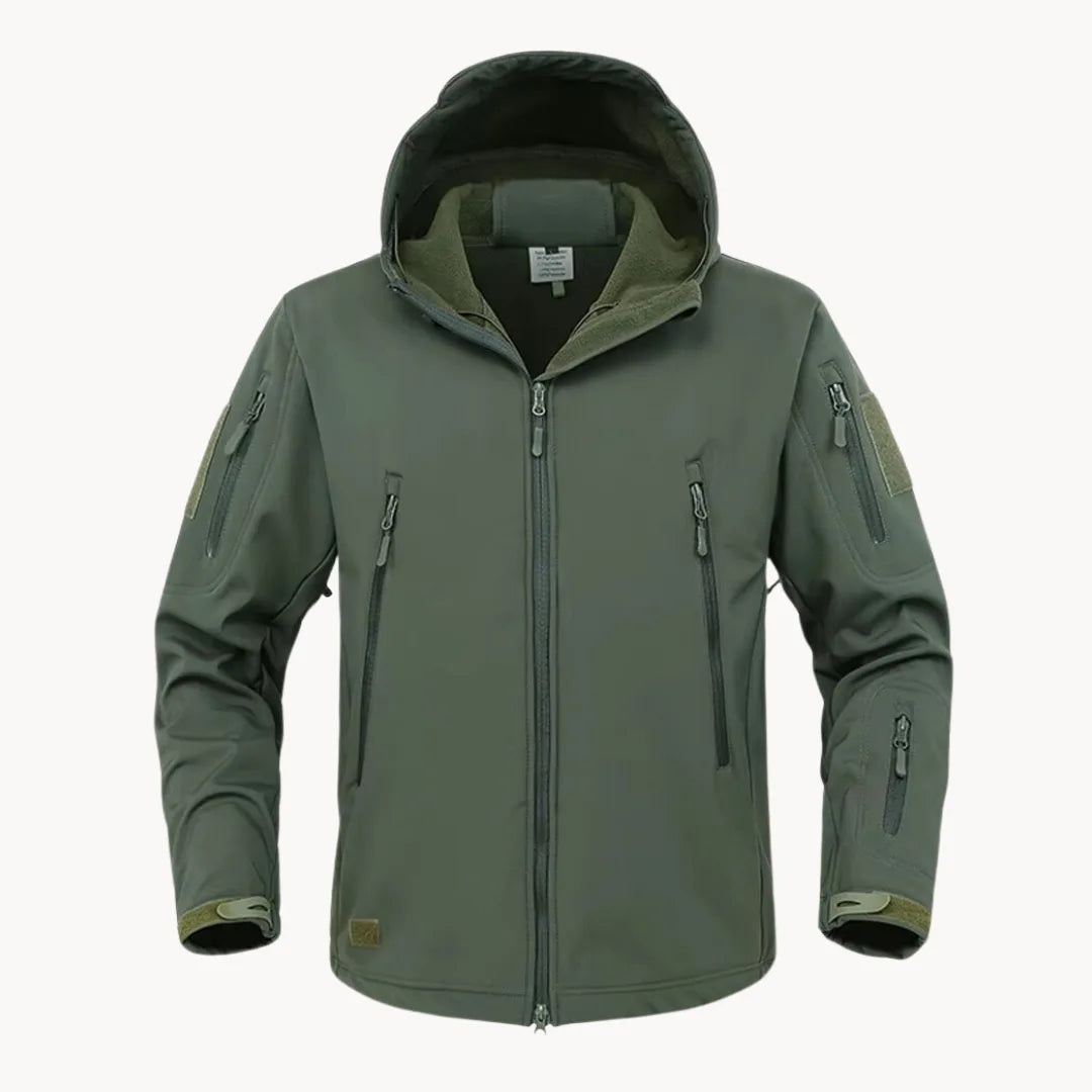 Heren waterdichte softshell jas met capuchon en ritszakken voor outdoor sportactiviteiten.